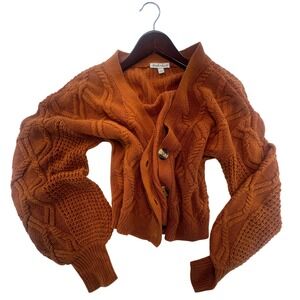 Derek Heart Women's L Cable Knit Button Up Cardigan Sweater Orange Puff‎ Sleeve